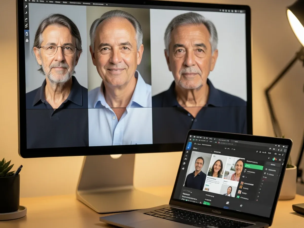 A grid of four AI-generated faces showing diverse ages and ethnicities used in a digital advertising campaign layout at 1024 × 1024 resolution