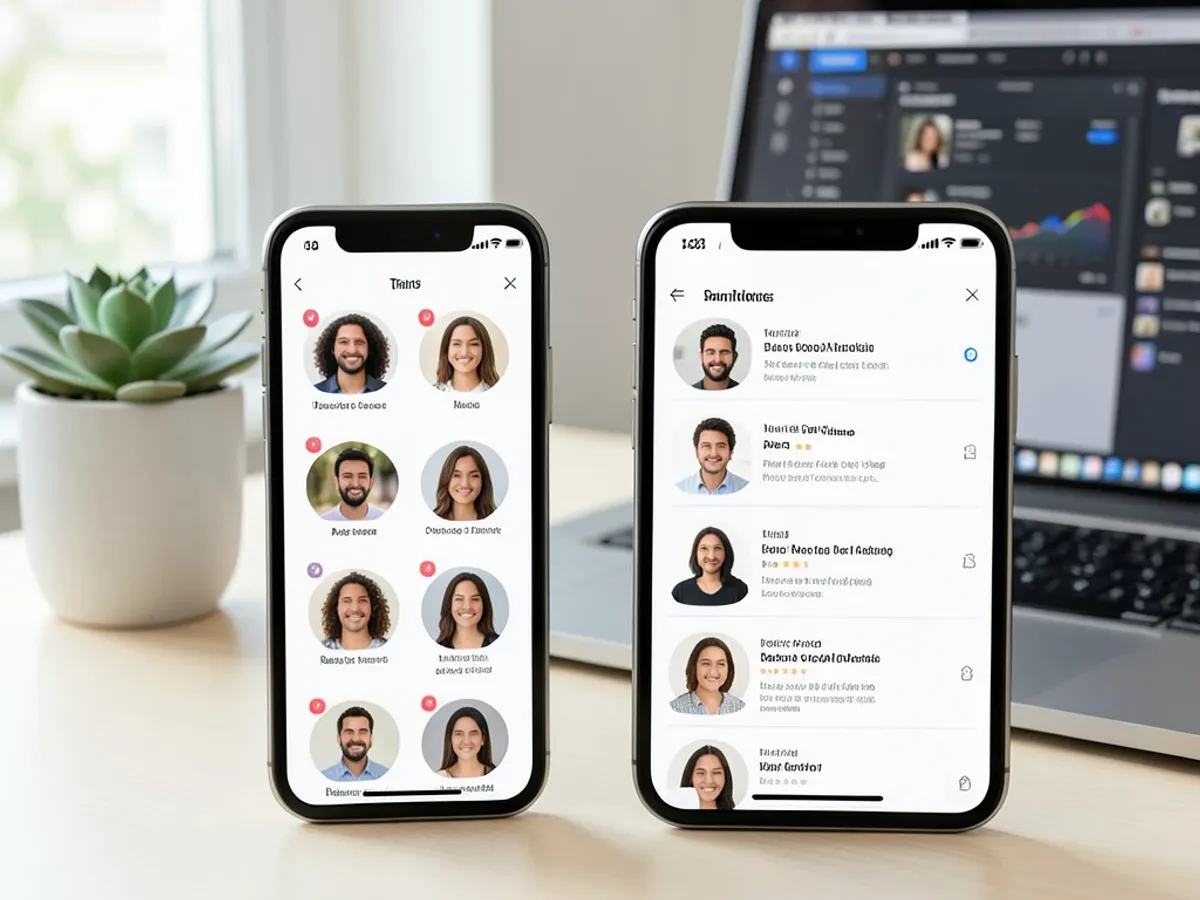 A mobile app prototype showing AI-generated user avatars in a team directory interface with diverse skin tones and expressions
