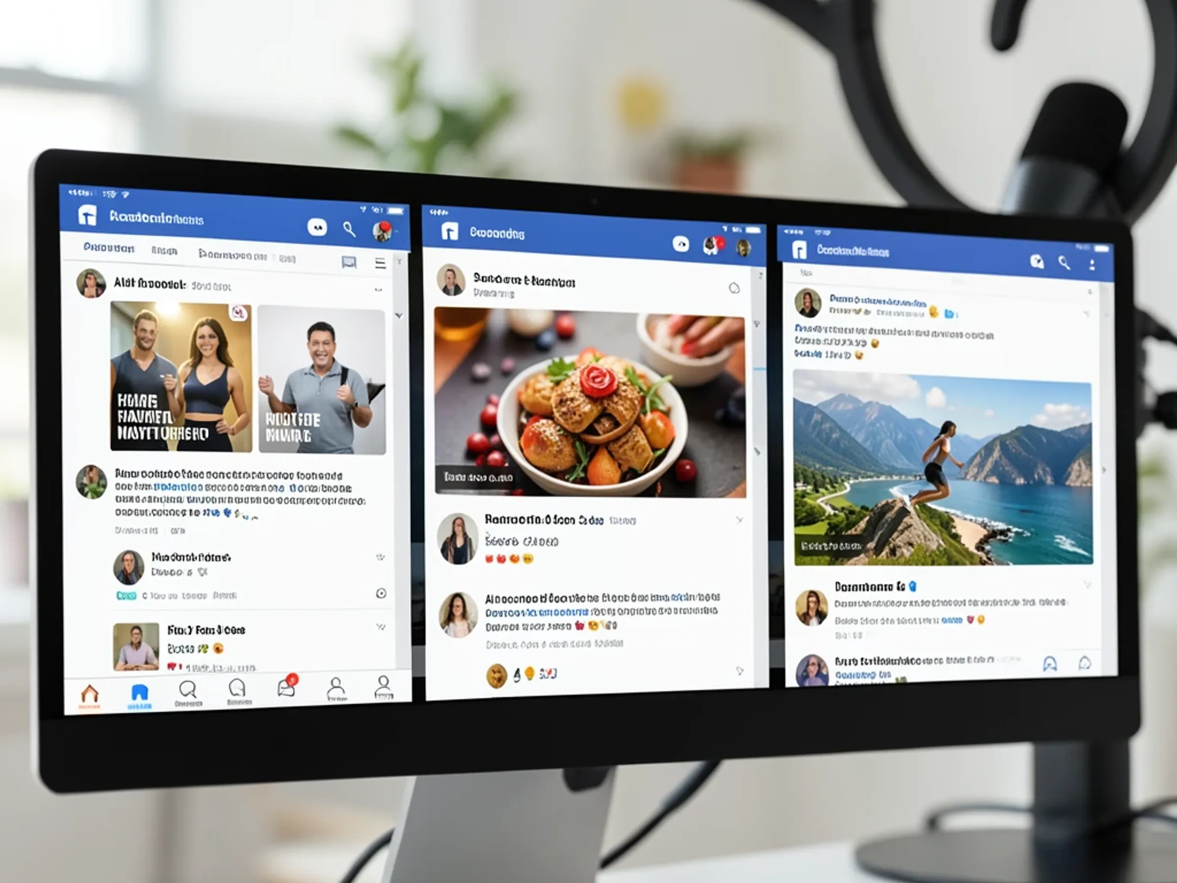 Trei tablouri de bord ale paginilor Facebook afișate una lângă alta, arătând stiluri diferite de conținut pentru nișe de fitness, mâncare și călătorii, toate generate din scurte descrieri ale subiectelor folosind instrumentul AI