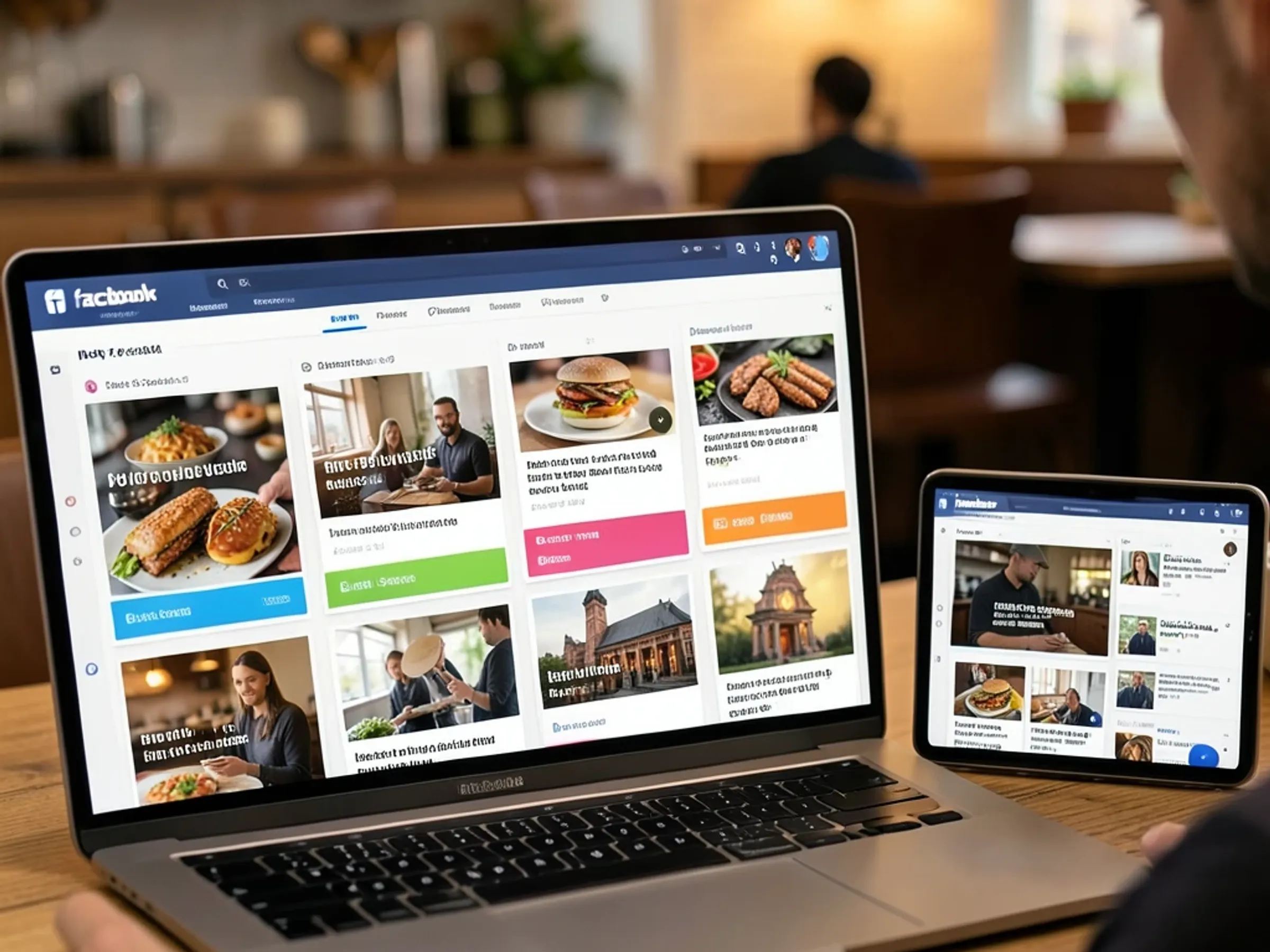 Un tablou de bord care arată șapte zile de postări Facebook programate pentru un restaurant local, fiecare cu un mesaj promoțional diferit și o descriere vizuală potrivită generată de AI