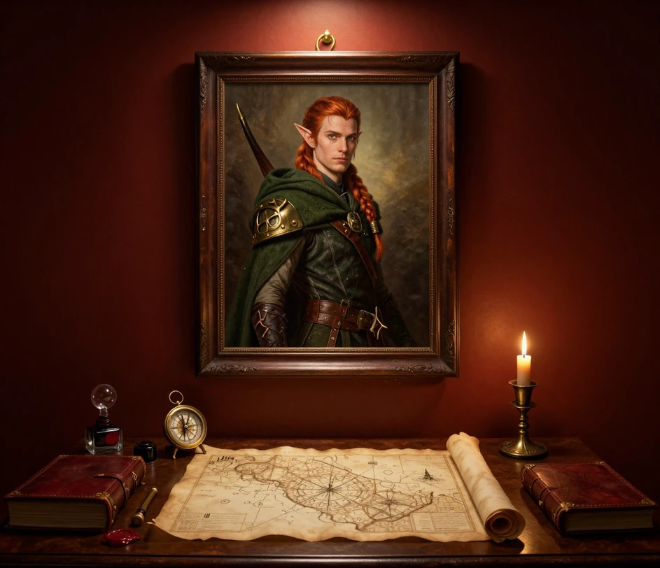 A framed fantasy portrait of an elven ranger under a warm spotlight on a deep red wall above a parchment map