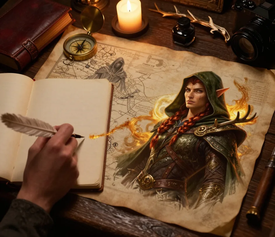 A hand drawing with a quill on parchment as a painterly elven ranger portrait emerges from ember-gold pigment dust
