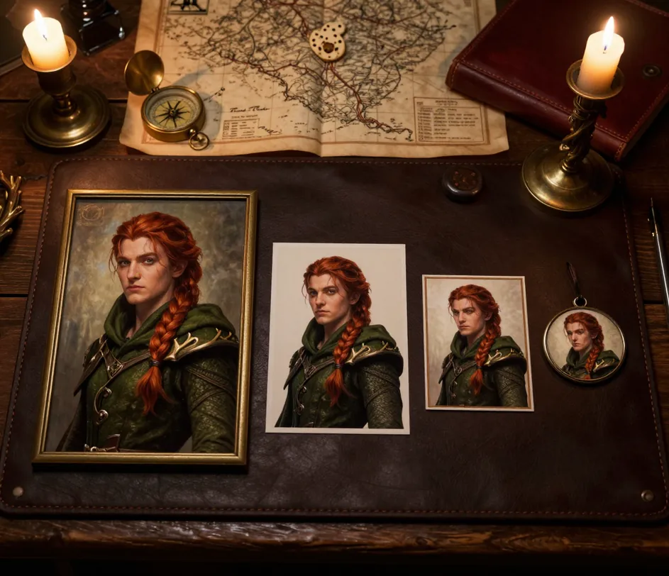 The same fantasy portrait shown as a large framed painting, a medium card, a small token and a tiny round medallion on dark leather