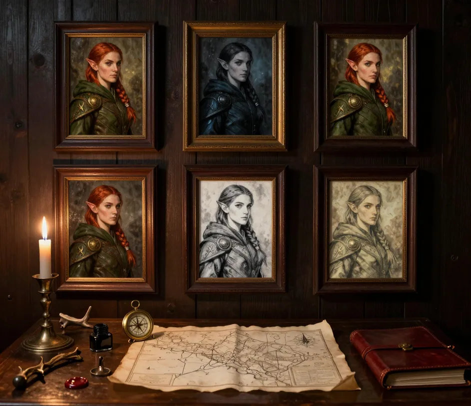 Six framed fantasy portraits of the same elven ranger on a dark oak wall, each painted in a different medium from oil to watercolor