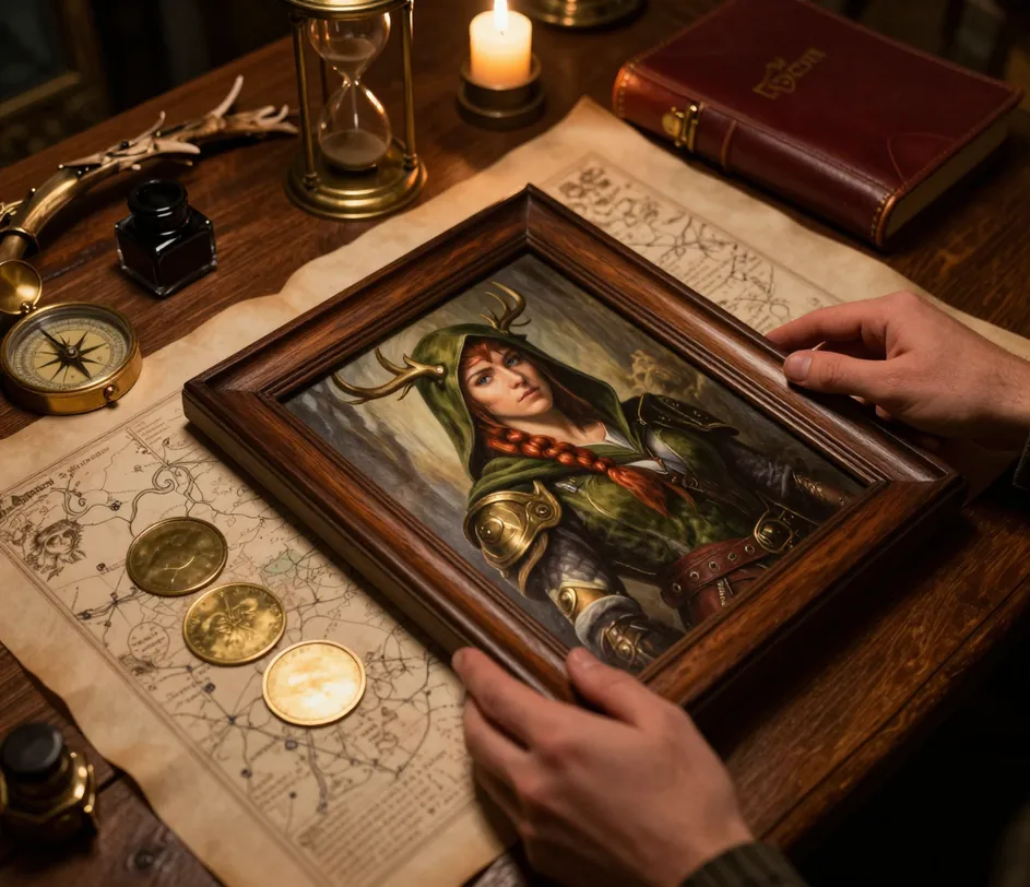 Two hands lowering a finished fantasy portrait into a dark oak frame beside three blank brass tokens