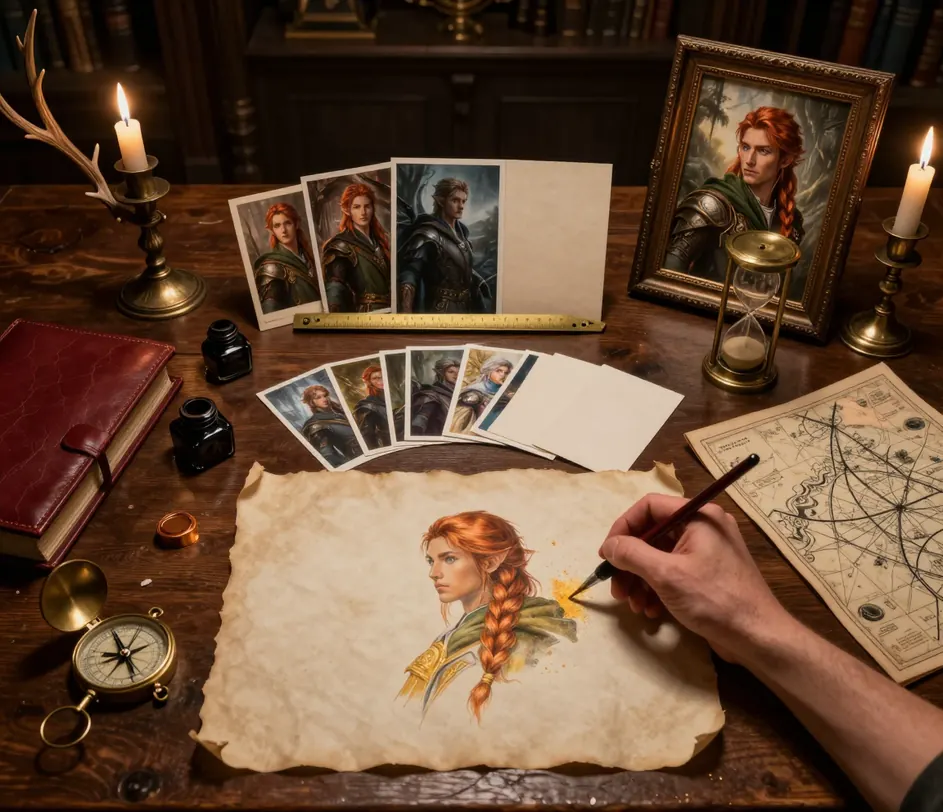 A candlelit fantasy painter's desk with a hand brushing a portrait, a stack of framed studies, six style cards and a brass hourglass