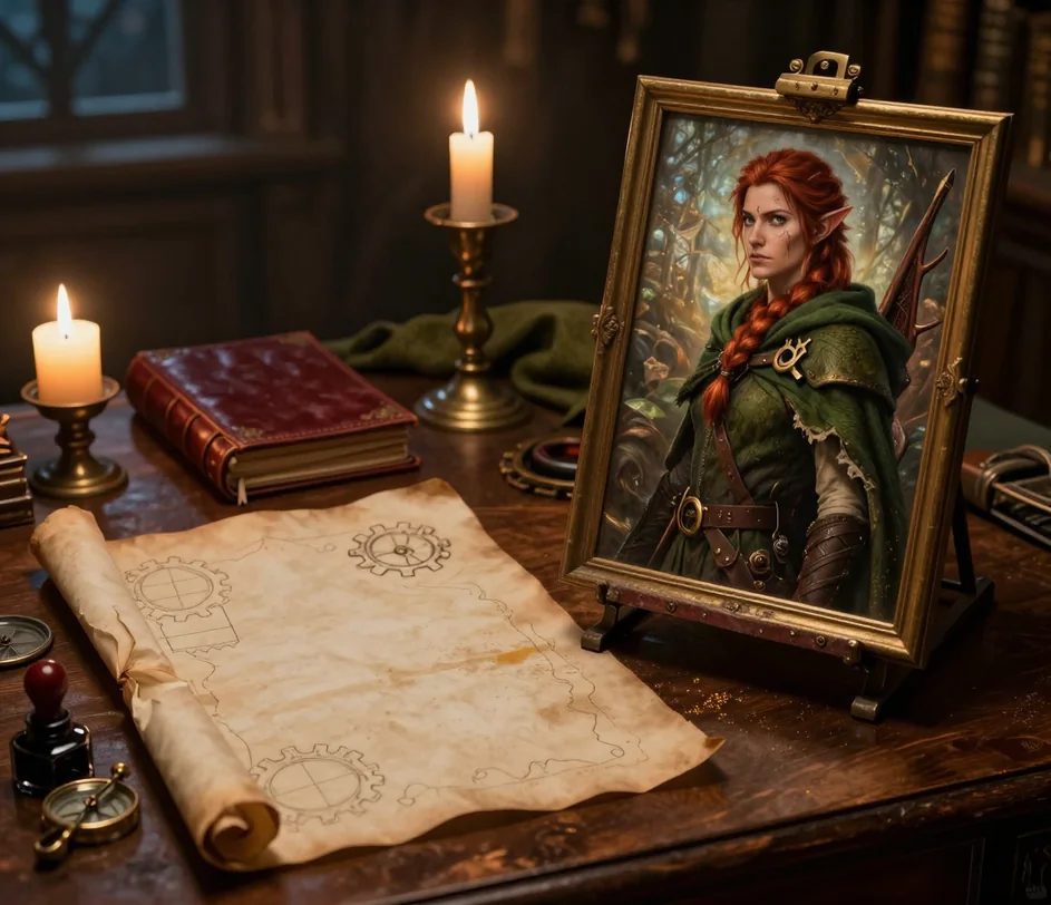 A framed painterly portrait of an elven ranger with a copper braid and green hood on a candlelit oak desk, beside an unrolled parchment map and a brass compass