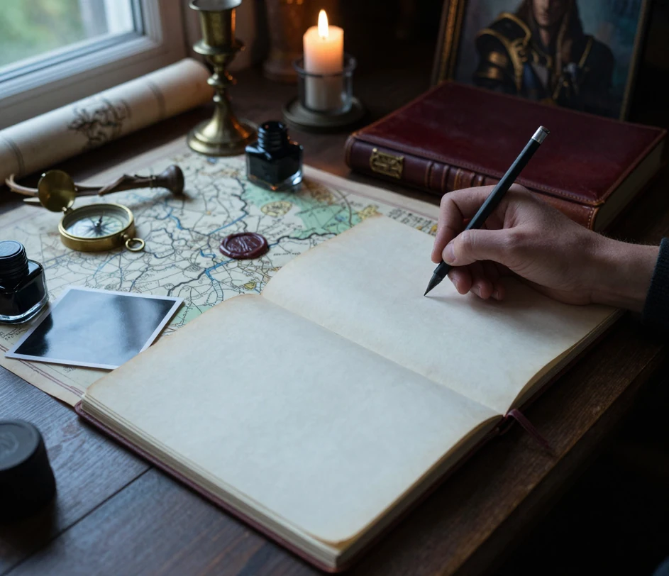 A hand writing in a blank leather notebook beside a reference portrait and a parchment map under cool window light