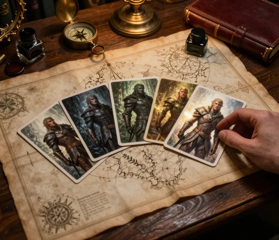 A hand selecting one of six painted fantasy style cards fanned across a candlelit oak table