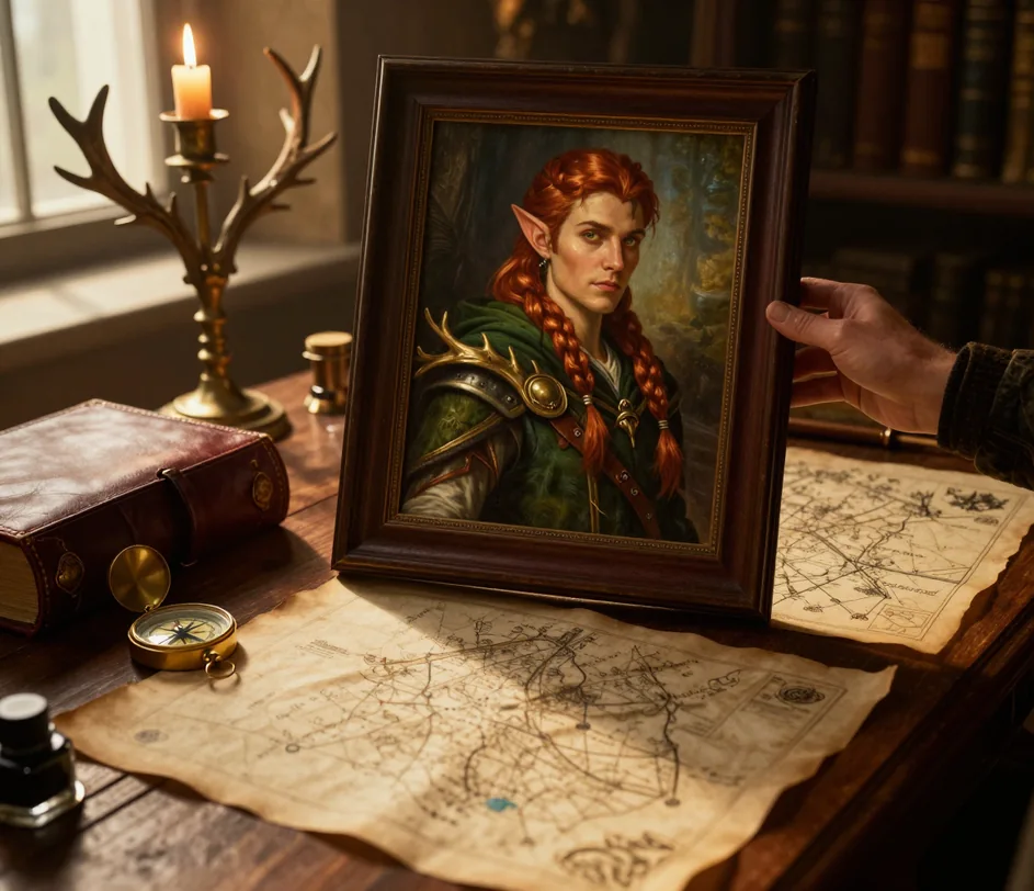 Two hands holding up a finished framed fantasy portrait in warm golden window light
