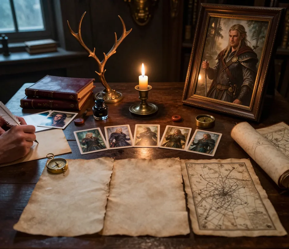 A three-zone fantasy desk with a hand writing, six painted style cards and a finished framed portrait in warm light