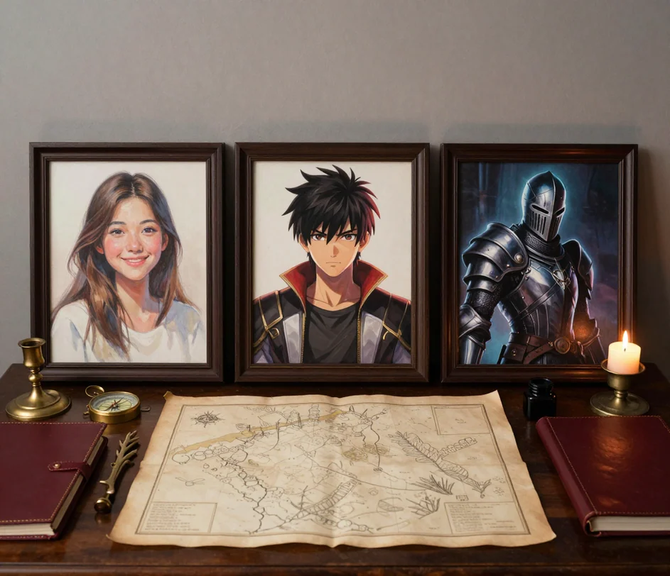 Three framed avatar paintings on easels — a pastel portrait, an anime hero and an armored gaming knight — on a candlelit oak table