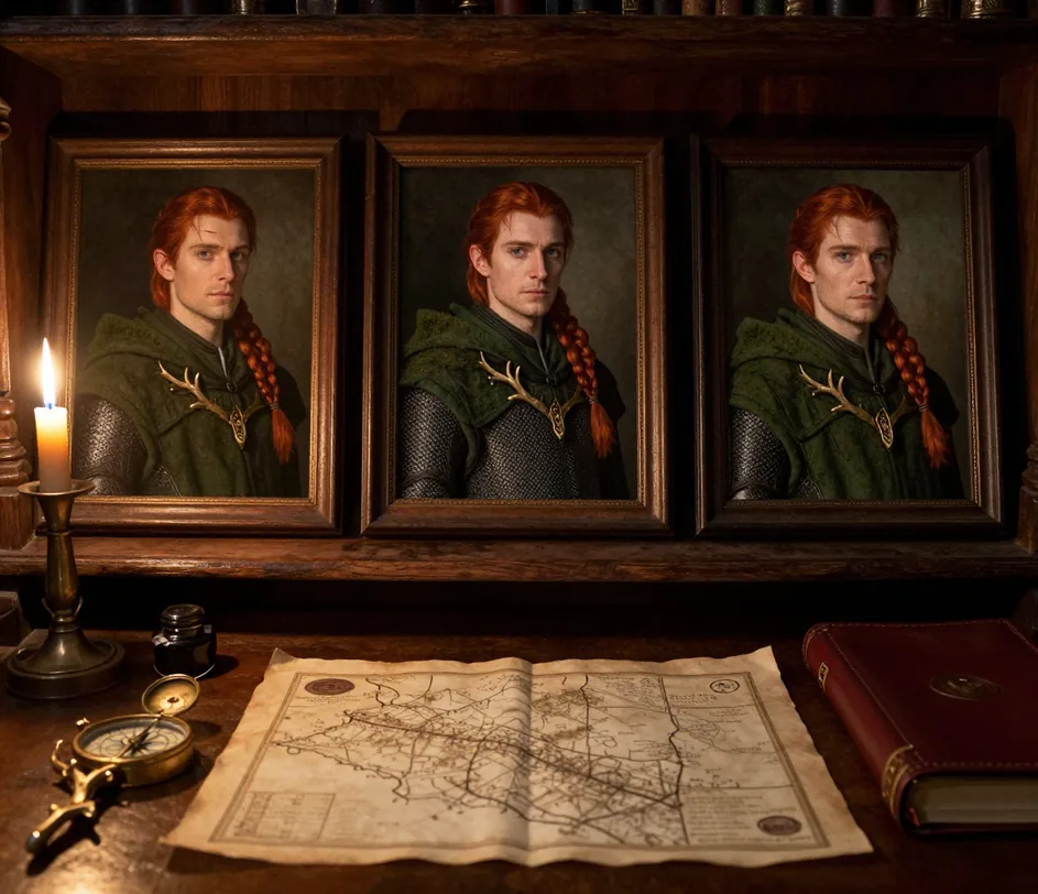 Three framed portraits of the same elven ranger on a candlelit oak shelf, showing progressively finer detail from left to right