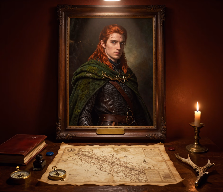 A large framed fantasy portrait of the same elven ranger under a warm spotlight, with fine chainmail, hair strands and engraved brass