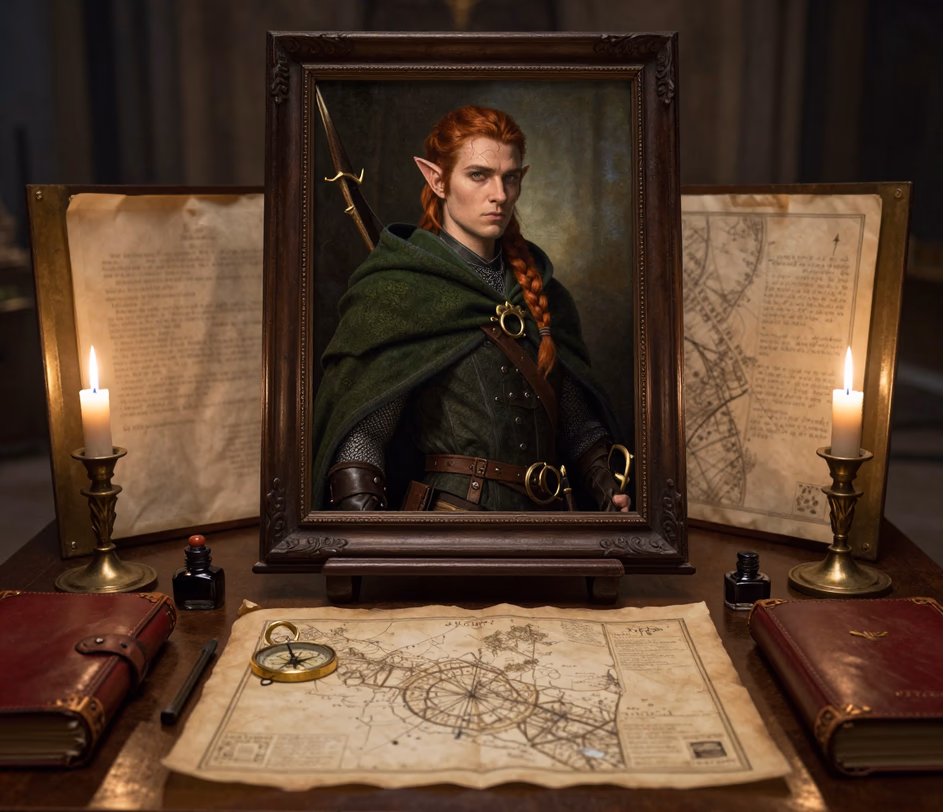 A mid-size framed fantasy portrait of the same elven ranger on a carved oak stand, with clearer chainmail and facial detail