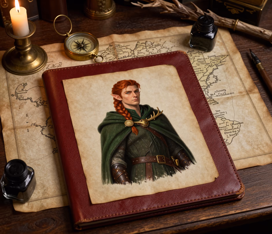 A small framed fantasy portrait of an elven ranger resting on an oxblood leather folio beside a brass compass and ink well