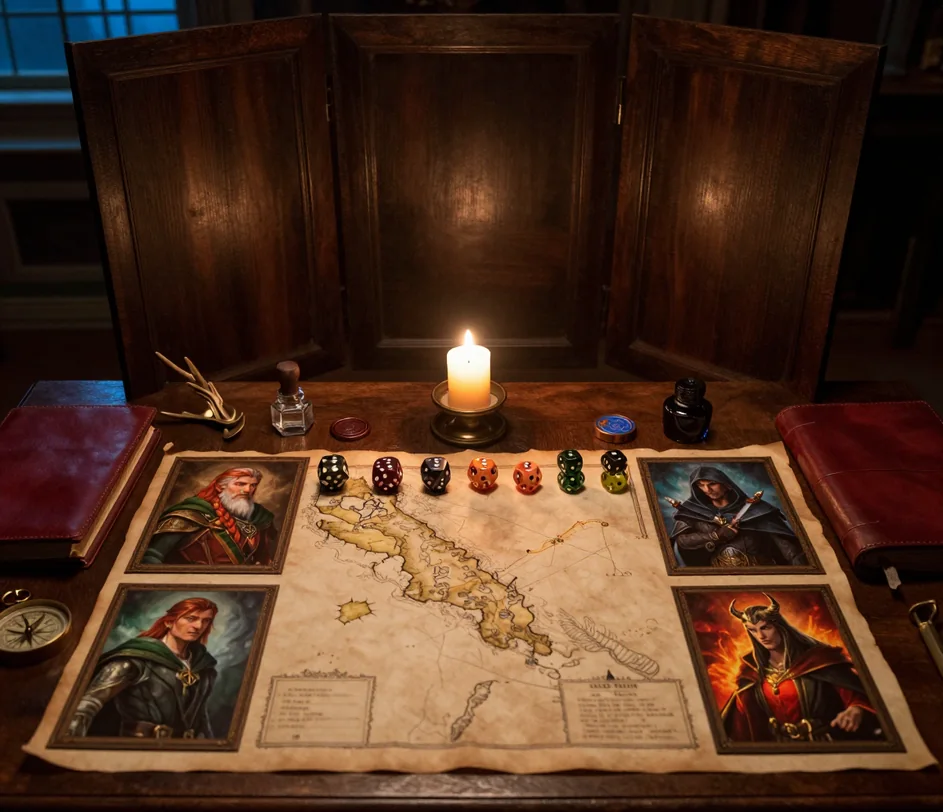 A candlelit tabletop RPG table with a blank dungeon master's screen, painted miniatures, dice and four framed character portraits