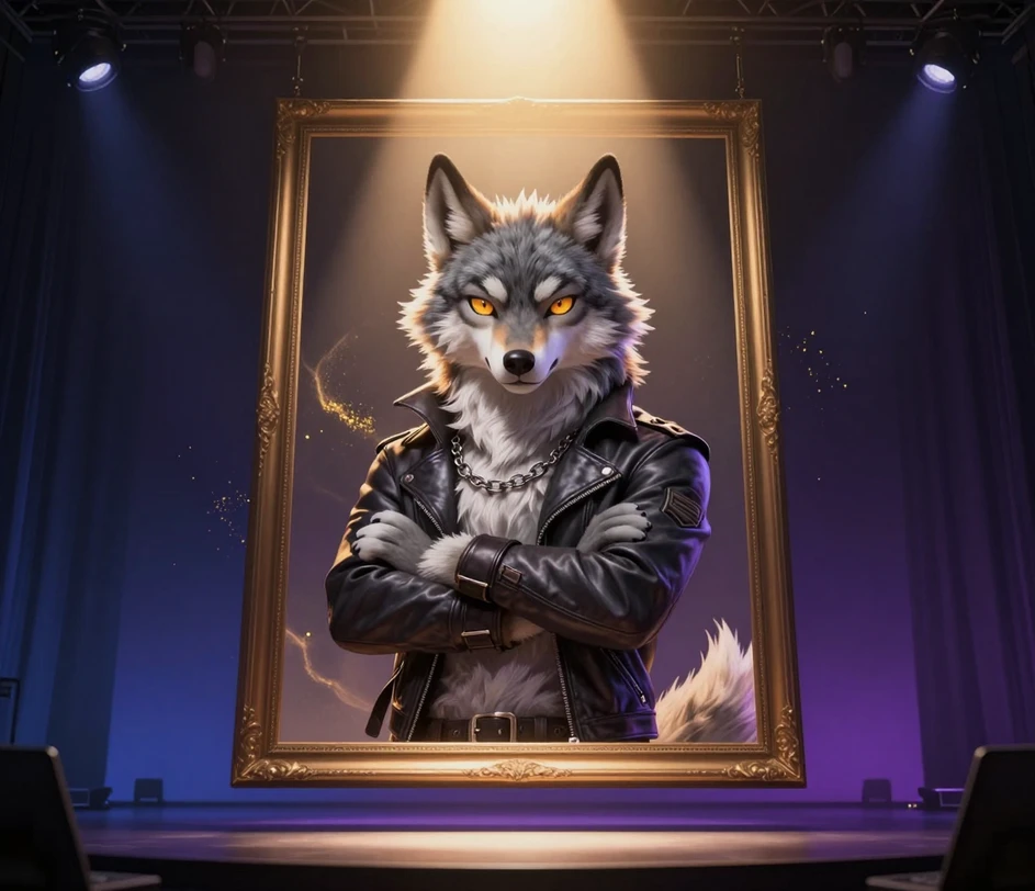 Hotová ilustrace fursony na obrazovce telefonu vedle stylusu a skicáku, v pozadí otevřené okno chatu furry komunity
