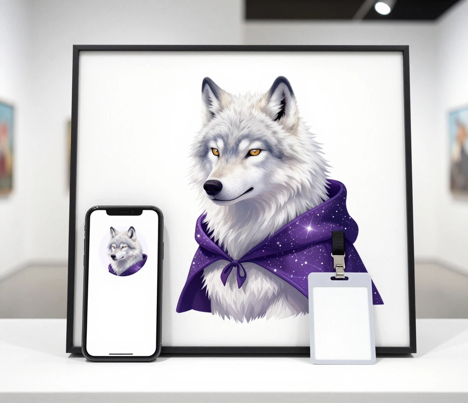 Ilustrace fursony ve vysokém rozlišení se stahuje na obrazovce notebooku, náhled ukazuje obrázek postavy bez vodoznaku, připravený na profilovku a referenční list