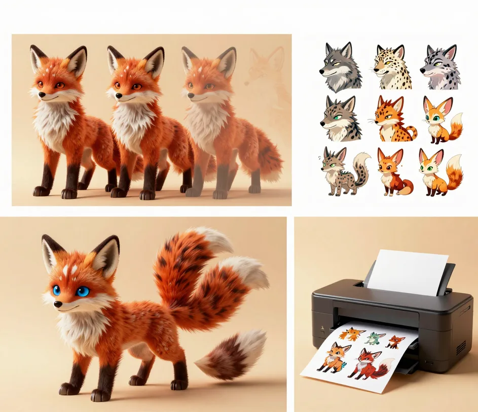 Pracovní stůl umělce z furry komunity: grafický tablet s rozhraním generátoru furson, vytištěné referenční listy vlčích a dračích furson a postavová tvorba na stěně