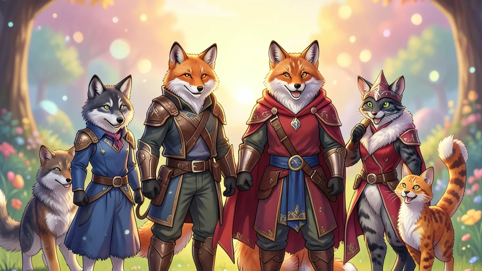 Exemplos de fursonas gerados por IA apresentando diferentes espécies, padrões de pelagem e estilos artísticos