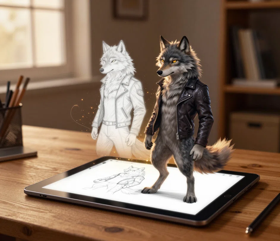 Ilustrace antropomorfní vlčí postavy vygenerovaná z textového popisu, s detailní kresbou srsti, jantarovýma očima a koženou bundou na teple tónovaném pozadí karty postavy