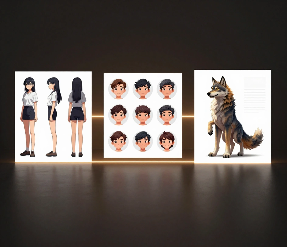 Tři náhledy designu postav na tmavém stole: turnaround list anime postavy, sada kreslených avatarů a stránka konceptu originální postavy