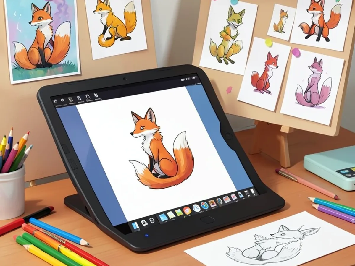 Ficha de referência fursona gerada por IA para encomenda de artista