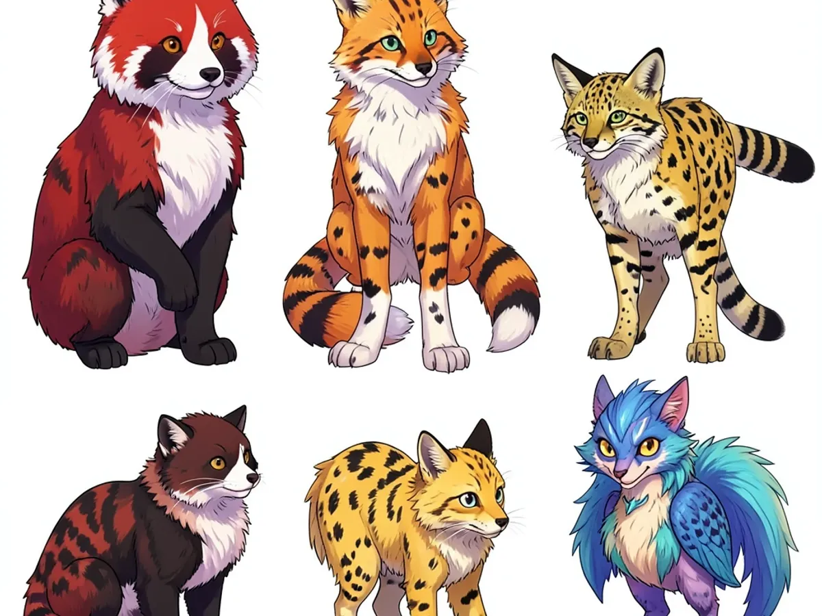 Fursona de espécie incomum gerado por IA com padrões de pelagem detalhados