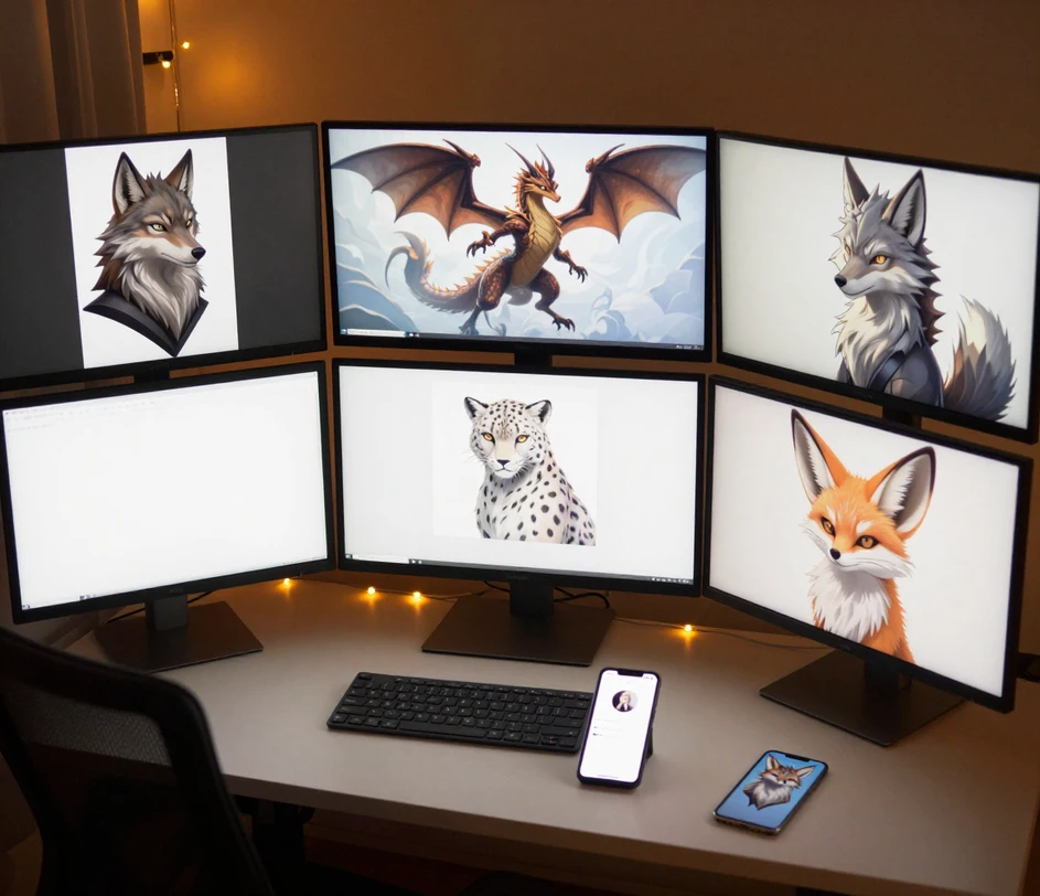 Pracovní prostor člena furry komunity: avatar fursony na uzamčené obrazovce telefonu, odznak na con v návrhu a okna chatu pro roleplay otevřená na monitoru