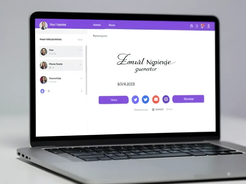 Generátor e-mailových podpisů vytvářející formátovaný blok podpisu se jménem, pracovní pozicí, telefonním číslem a ikonami sociálních sítí ověřený napříč čtrnácti e-mailovými klienty včetně Gmailu a Outlooku