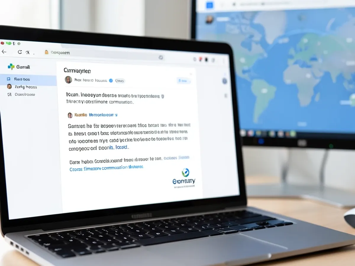 Podpis Gmail vzdáleného pracovníka zobrazující jméno, roli, pracovní dobu s posunem časového pásma, odkaz na videokonferenci a firemní branding přizpůsobený pro komunikaci napříč časovými pásmy