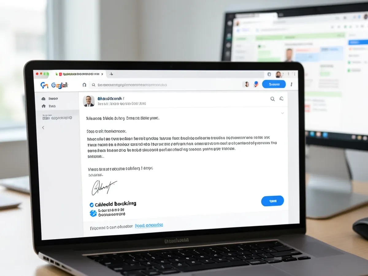Okno pro psaní Gmailu zobrazující blok podpisu obchodního zástupce se jménem, pracovní pozicí, přímým telefonním číslem, odkazem na rezervaci kalendáře a logem společnosti vykresleným v horizontálním rozvržení optimalizovaném pro rychlé skenování