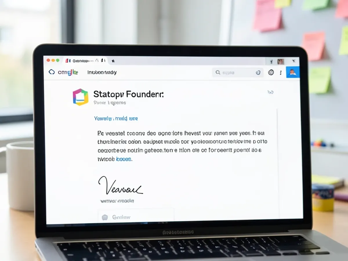 Podpis Gmail zakladatele startupu s čistou typografií, logem společnosti, sloganem a odkazem na webové stránky prezentovaný v minimálním profesionálním formátu, který se vejde do omezení vykreslování podpisů Gmailu