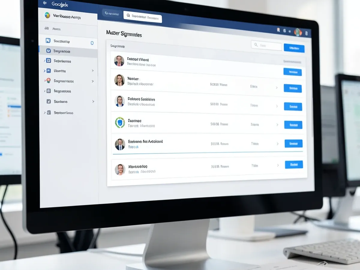 Dashboard správce Google Workspace zobrazující hlavní šablonu podpisu s jednotným firemním brandingem aplikovaným na více účtů zaměstnanců s poli pro jméno a pozici na osobu
