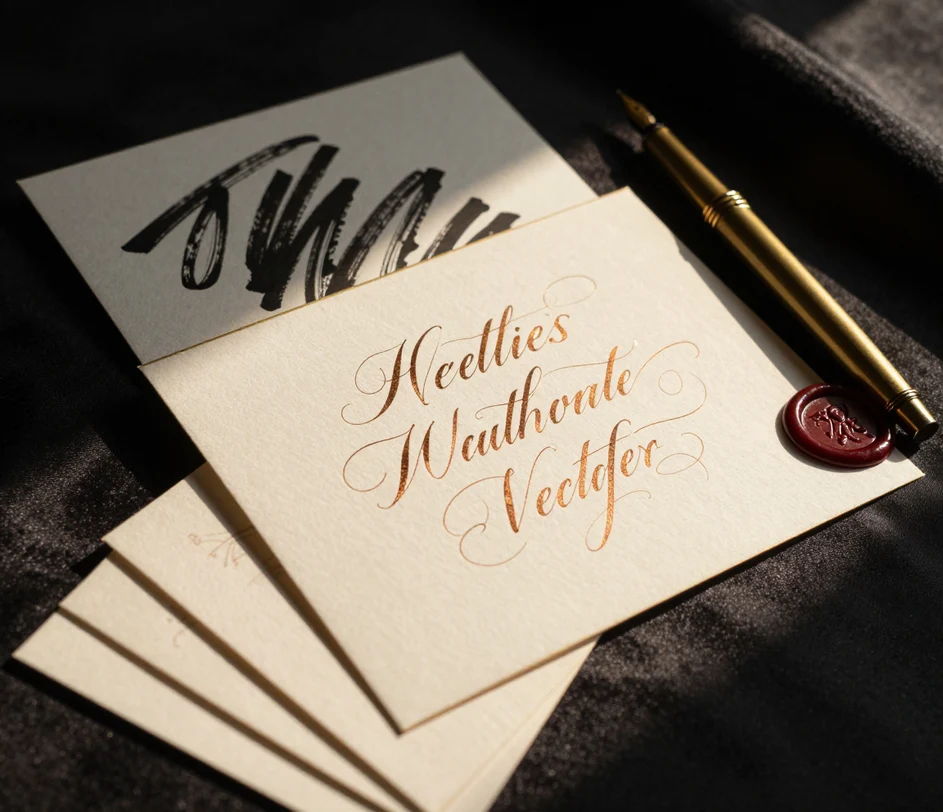 Sampel tulisan tangan kaligrafi buatan AI dalam gaya copperplate dan brush lettering dengan detail goresan maksimal dari lima sampel referensi