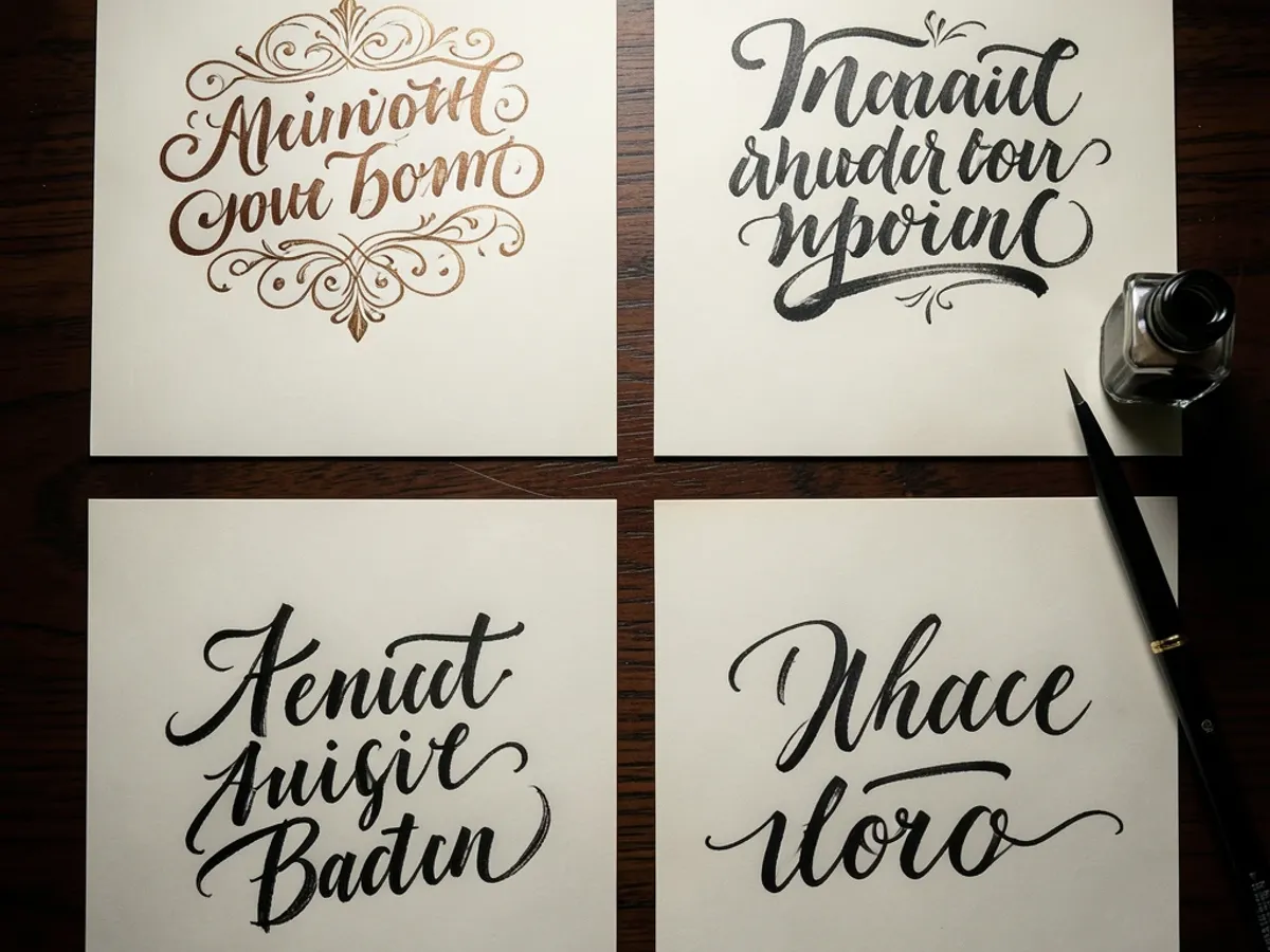 Kampjuni ta' kalligrafija iġġenerati bl-AI li juru diversi stili ta' skript inklużi copperplate u brush lettering b'riżoluzzjoni għolja għal referenza ta' studju