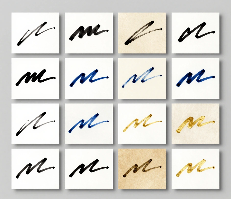 Four handwritten signature brush styles — fountain-pen, brush, calligraphy, watercolor — in three ink colors, each rendered at 1024×1024