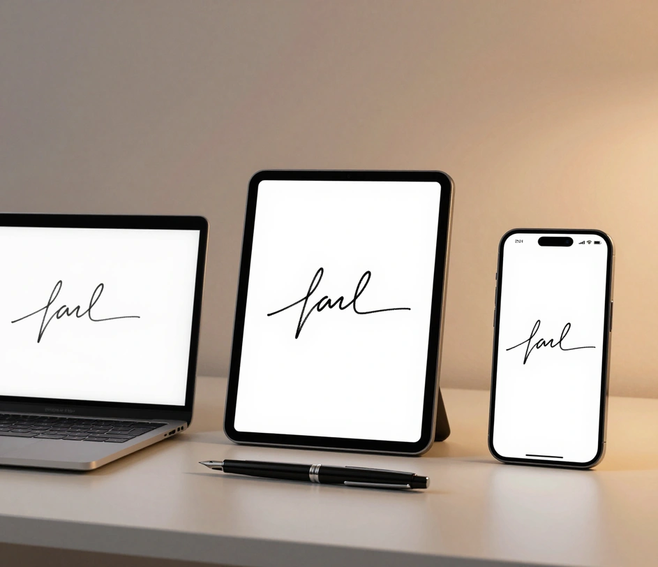 The handwritten signature generator running identically across a Windows laptop, a MacBook, and a tablet browser, with no installation or plugins required
