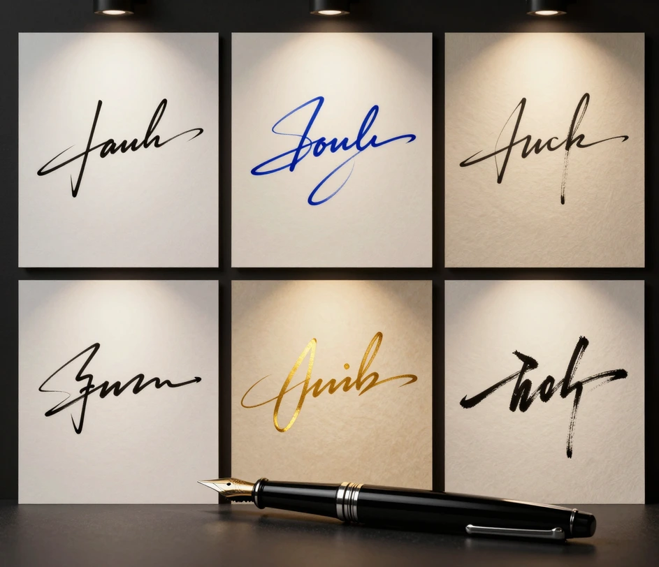A refined calligraphy showcase featuring a diverse collection of handwritten signature styles — clean modern, flowing cursive, and ornate calligraphic samples — arranged as a premium ink-on-paper portfolio