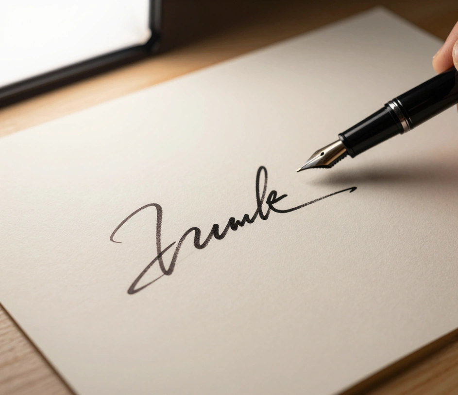 A premium close-up of an elegant handwritten ink signature flowing across crisp white contract paper, with a black fountain pen resting at an angle and soft directional lighting highlighting the ink strokes