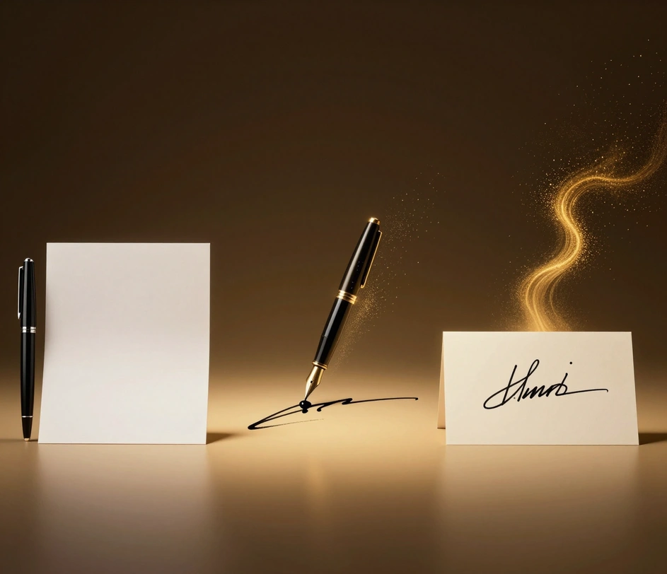 A cinematic left-to-right transformation showing blank paper, ink flowing from a fountain pen mid-creation, and a fully completed elegant handwritten signature on the right