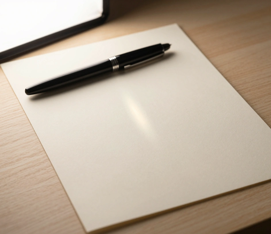A clean sheet of premium white paper with a fountain pen hovering just above the surface, ready to write a typed name in handwriting style