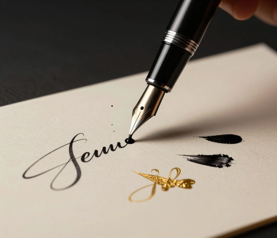 Flowing black ink streaming from a fountain pen tip, forming elegant cursive strokes mid-creation with dynamic ink trails suggesting style exploration