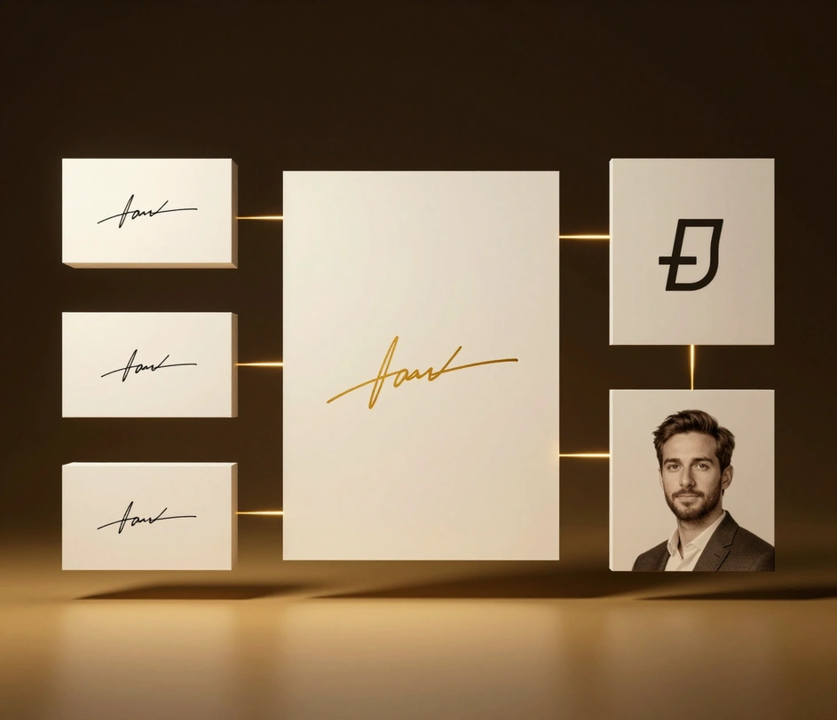 A premium branding showcase featuring business cards, letterheads, and corporate documents with elegant handwritten signature elements integrated into a cohesive brand identity system