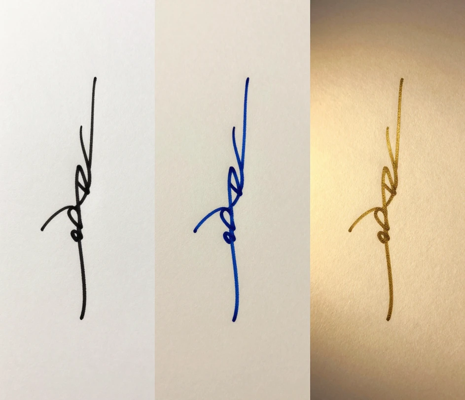 Three distinct handwritten signature styles arranged left to right — a clean simple signature, an elegant cursive signature with flourishes, and an ornate calligraphic signature with decorative master-level pen work