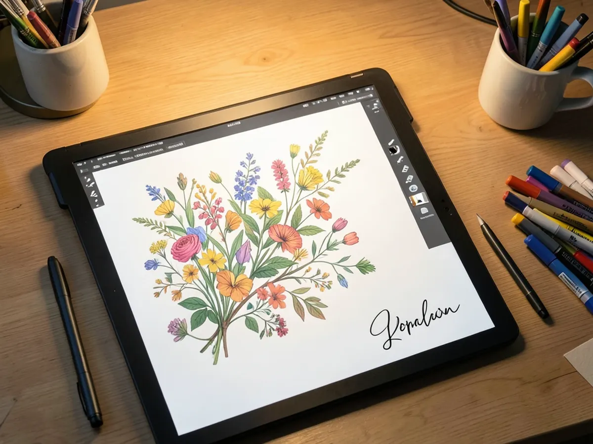 Artist workspace showing a digital canvas with an elegant handwritten signature applied to the corner of an illustration, serving as a consistent personal brand mark