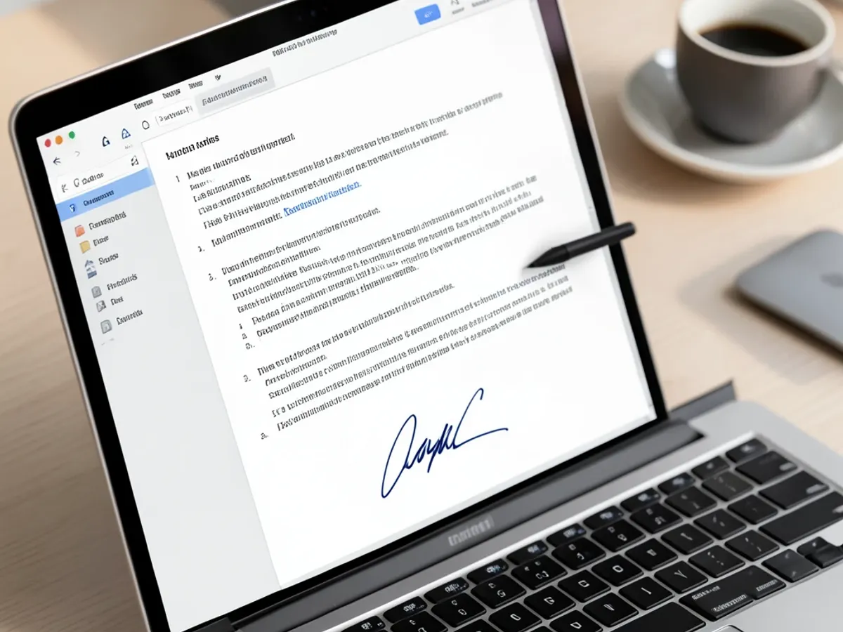 Digital contract document on a laptop screen with a cursive handwritten signature applied to the signature line, eliminating the need for printing and scanning