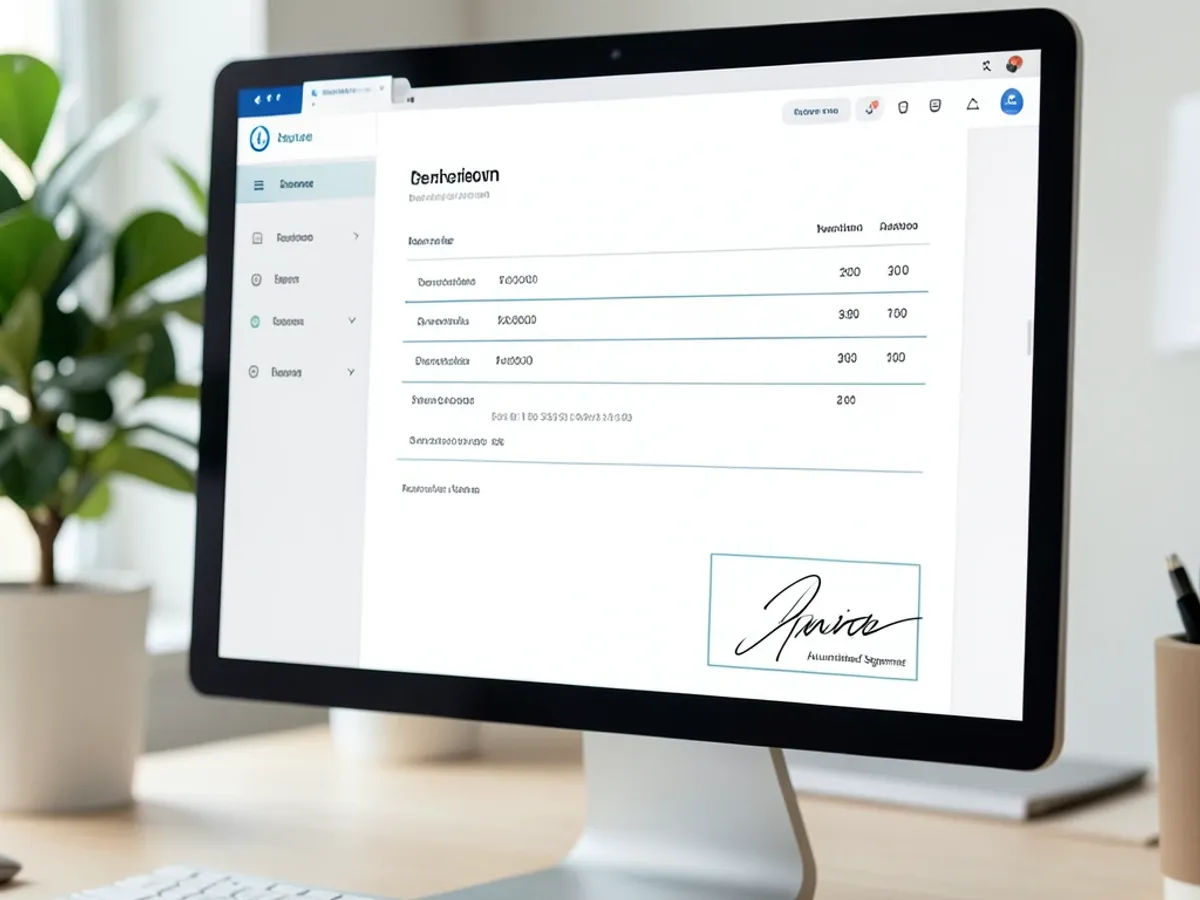 Freelancer invoice document displaying a polished cursive signature in the authorized signature box with consistent ink-like stroke quality