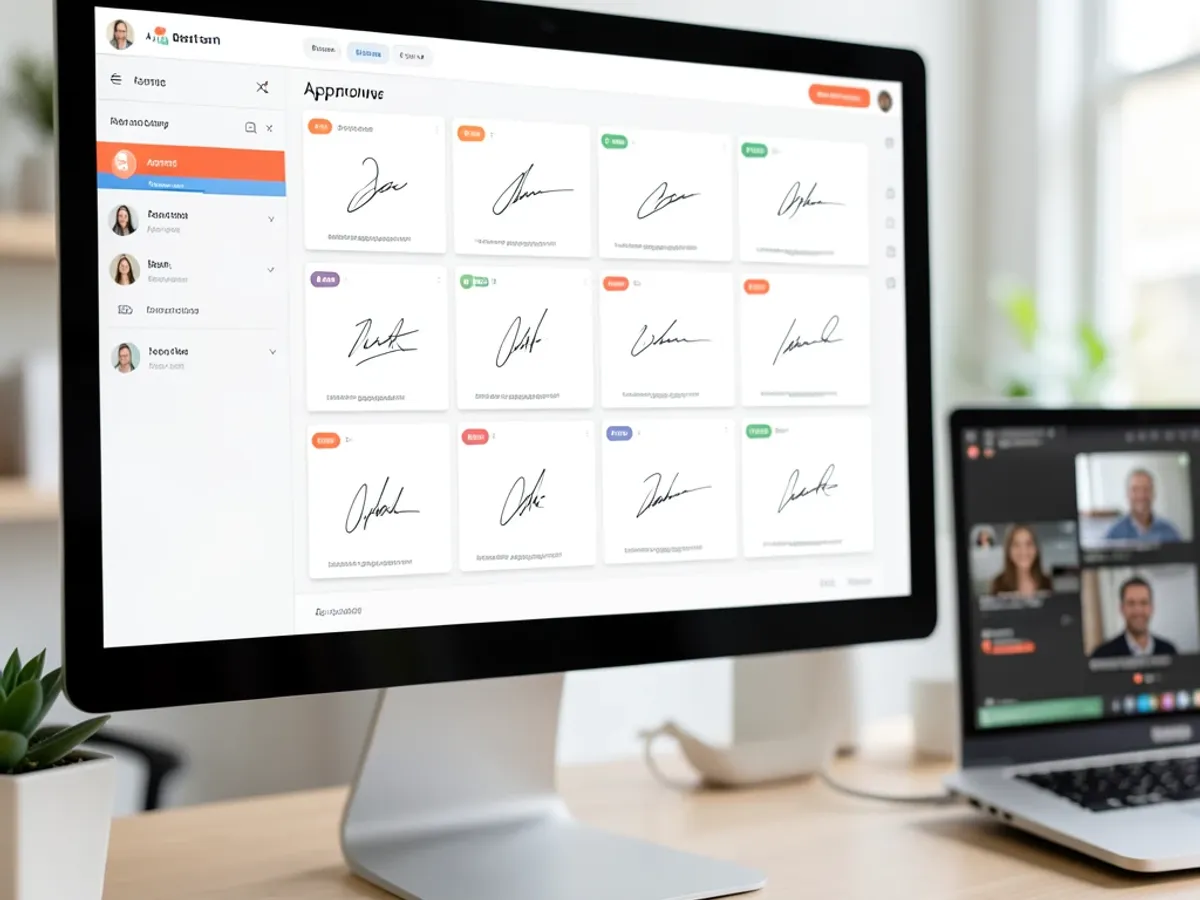 Remote team dashboard showing multiple signed approval documents with consistent handwritten signature images applied to each authorization field